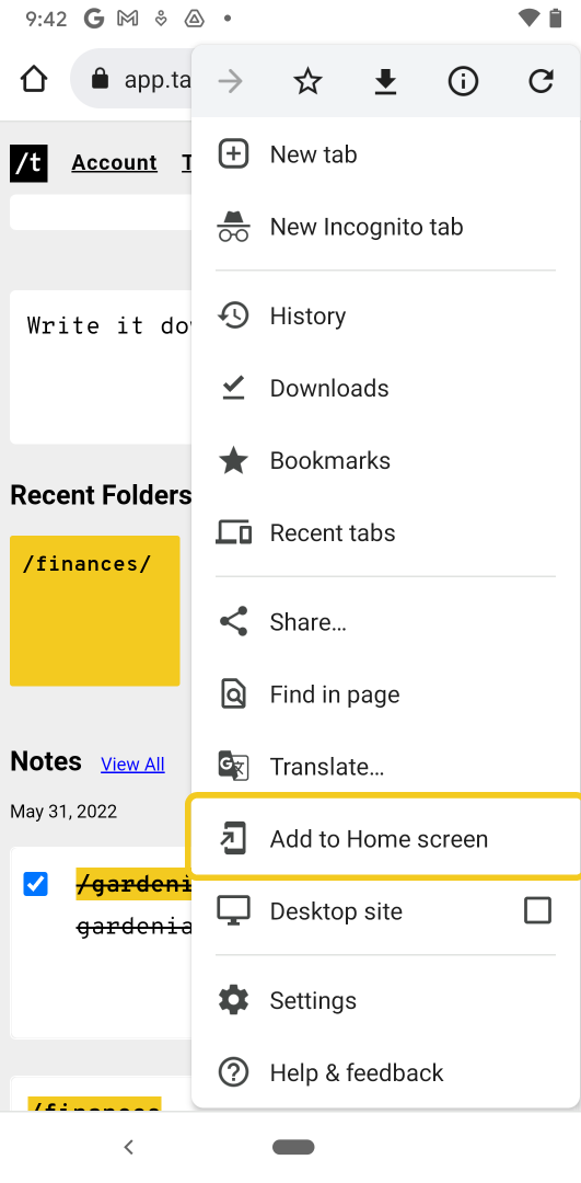 Screenshot of Android Chrome menu 