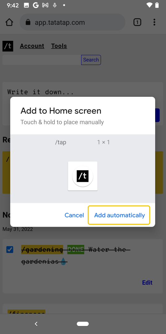 Screenshot of placing the Tap icon 